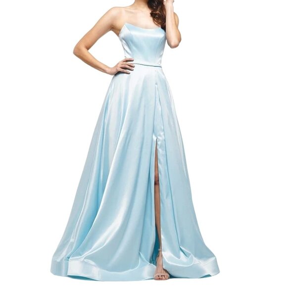 Strapless Light Blue Satin A-Line Formal Gown Size 4 Dress by COLORS 2182 - Picture 1 of 12